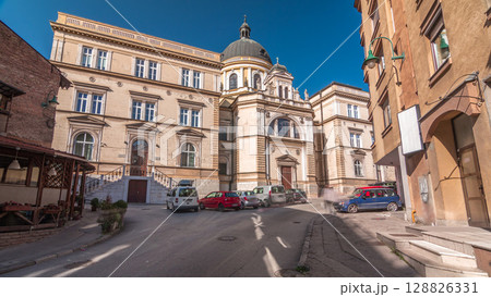 The external facade of Saints Cyril and Methodius Church timelapse hyperlapse, Sarajevo 128826331