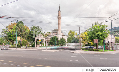 Ali Pasha Mosque timelapse hyperlapse with traffic on intersection in Sarajevo Ali Pasha Mosque timelapse hyperlapse with traffic on intersection in Sarajevo 128826339