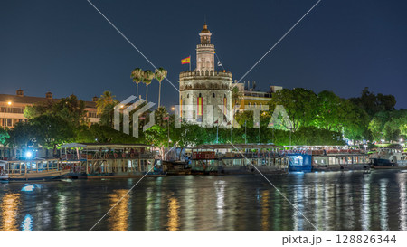 Torre del Oro Watchtower and Guadalquivir River Timelapse, Seville, Spain 128826344