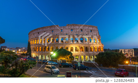 Colosseum day to night timelapse after sunset, Rome. Colosseum day to night timelapse after sunset, Rome. 128826485
