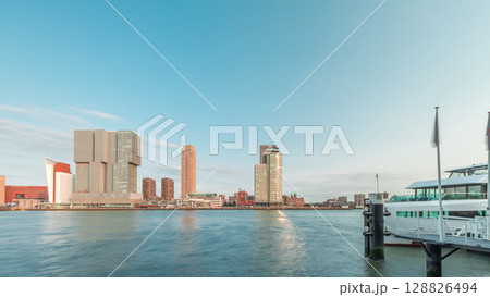 Panorama showing Rotterdam skyline timelapse from Nieuwe Maas River. Netherlands 128826494