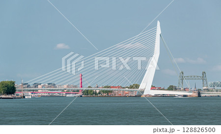 Timelapse of Erasmus Bridge, called The Swan, spanning the Maas River in Rotterdam, Netherlands. 128826500