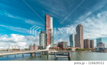 Hyperlapse of the Rijnhaven Bridge with skyscrapers in Rotterdam, Netherlands. 128826522