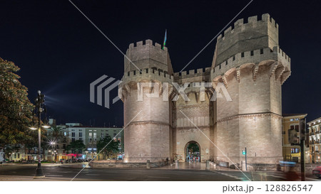 Serrans Towers panorama or Torres de Serranos night timelapse in Valencia, Spain. 128826547