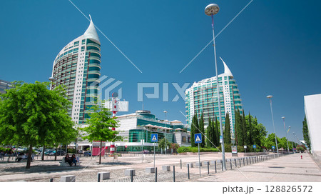 Modern buildings in Park of Nations in Lisbon, Portugal timelapse hyperlapse Modern buildings in Park of Nations in Lisbon, Portugal timelapse hyperlapse 128826572