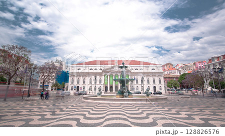 The National Theatre D. Maria. Rossio Square with fountain, Lisbon, Portugal timelapse hyperlapse 128826576