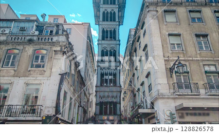 Historic elevator Santa Justa, lift in Lisbon, Portugal. Elevador de Santa Justa timelapse Historic elevator Santa Justa, lift in Lisbon, Portugal. Elevador de Santa Justa timelapse 128826578