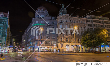 Wenceslas Square in Prague at night timelapse hyperlapse, dusk time. Wenceslas Square in Prague at night timelapse hyperlapse, dusk time. 128826582