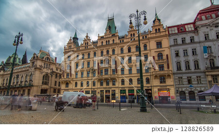 Art Nouveau buildings timelapse hyperlapse in Old Town by Prague Namesti Republiky station. Prague, Czech Republic 128826589