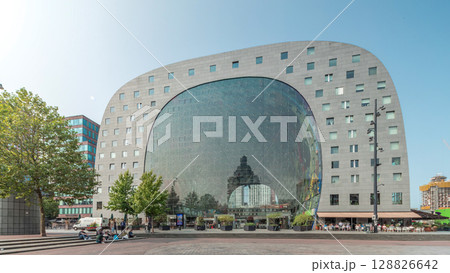 Hyperlapse of the Rotterdamse Markthal's exterior with shops and restaurants. Netherlands Hyperlapse of the Rotterdamse Markthal's exterior with shops and restaurants. Netherlands 128826642