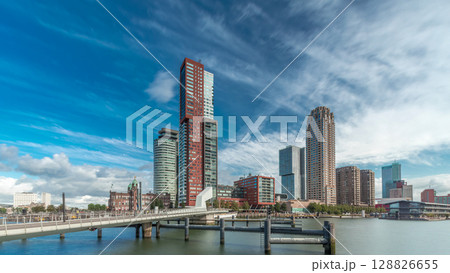Hyperlapse of the Rijnhaven Bridge with skyscrapers in Rotterdam, Netherlands. 128826655