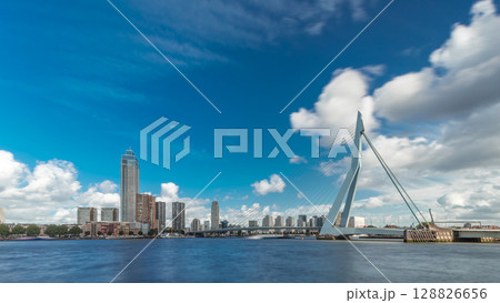 Erasmus Bridge timelapse hyperlapse, spanning the Maas River in Rotterdam, Netherlands 128826656