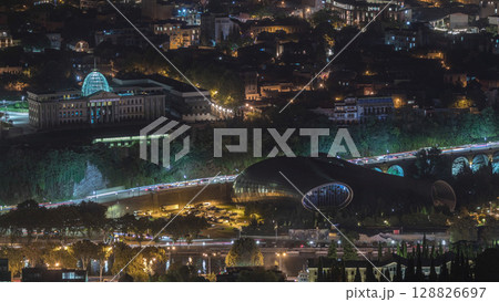 The Ceremonial Palace of Georgia and concert hall aerial night timelapse. Tbilisi, Georgia. 128826697