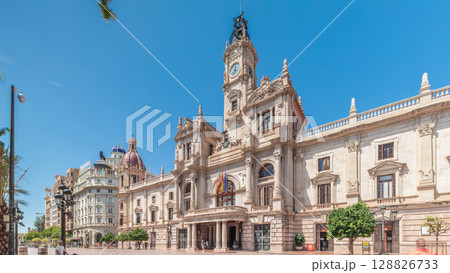 Valencia City Hall or Ajuntament de Valencia timelapse hyperlapse in Plaza de Ayuntamiento. Spain 128826733