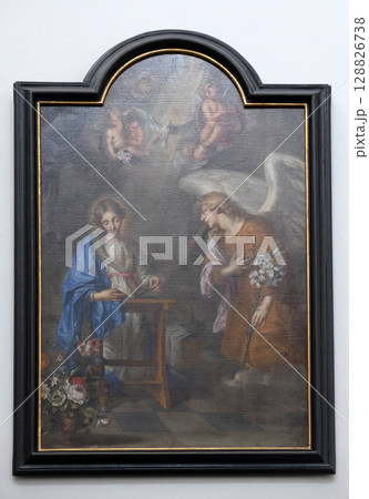 The painting is of the Annunciation by Oswald Onghers in Wurzburg Cathedral dedicated to Saint Kilian, Bavaria, Germany 128826738