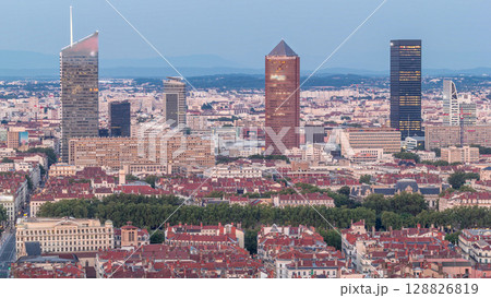 Panoramic aerial view of Lyon after sunset from Fourviere Hill day to night transition. France 128826819