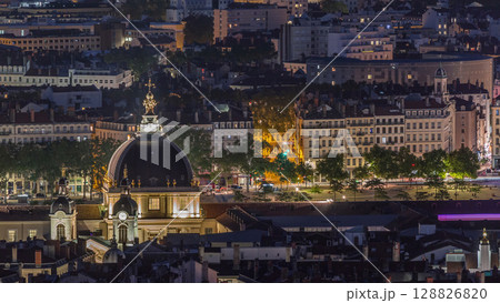 The Grand Hotel-Dieu aerial night timelapse hyperlapse in Lyon, France. 128826820