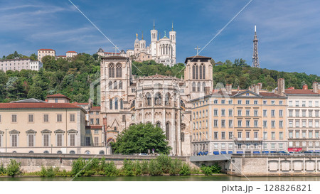 Hyperlapse of Saint John the Baptist Cathedral and Basilica of Notre-Dame de Fourviere in Lyon. France 128826821
