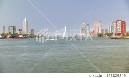 Timelapse of Erasmus Bridge, called The Swan, spanning the Maas River in Rotterdam, Netherlands. 128826846