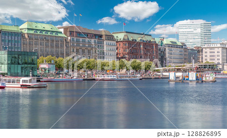View to Binnenalster timelapse in Hamburg, Germany, with boat station. 128826895