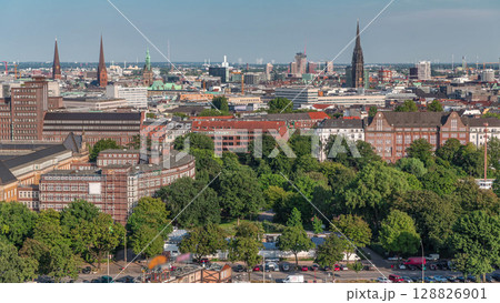 Aerial timelapse of Hamburg's historic city center skyline with iconic towers and spires. Germany Aerial timelapse of Hamburg's historic city center skyline with iconic towers and spires. Germany 128826901