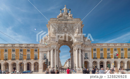 Rua Augusta Arch timelapse hyperlapse on Praca do Comercio. Lisbon, Portugal, Europe. 128826928