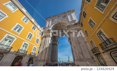 Rua Augusta Arch timelapse hyperlapse on Praca do Comercio. Lisbon, Portugal, Europe. 128826929