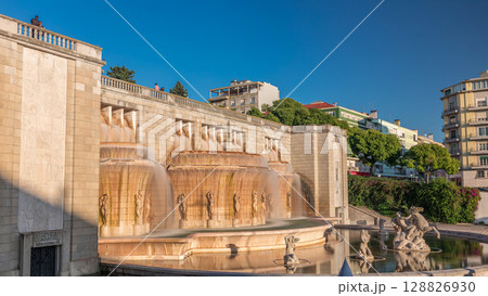 Fonte Luminosa fountain timelapse hyperlapse. Alameda public park in the city center. Lisbon. Portugal. 128826930