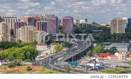 High perspective view of IP7 highway elevated road with curve turn near zoo aerial timelapse. Lisbon, Portugal 128826938