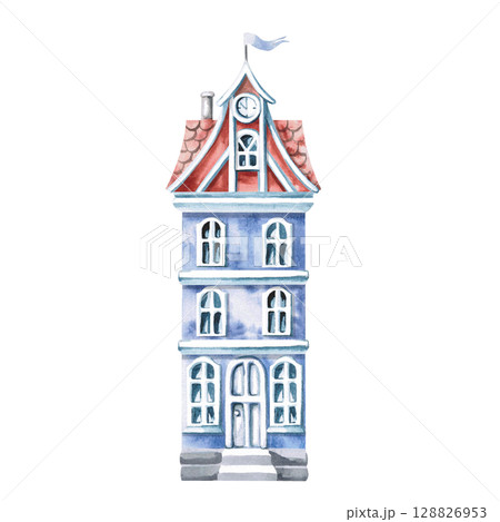 Three-story blue city house with a clock. Isolated watercolor illustration for interior design of an apartment, cozy restaurant, brochures of an architectural bureau, real estate, hotel business. 128826953