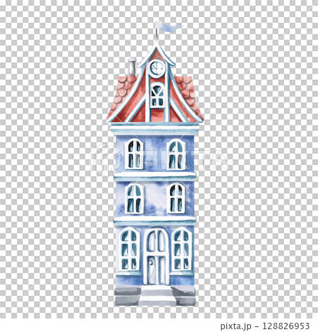 Three-story blue city house with a clock. Isolated watercolor illustration for interior design of an apartment, cozy restaurant, brochures of an architectural bureau, real estate, hotel business. 128826953