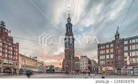 Munttoren tower and flowers market. Panoramic timelapse hyperlapse of Amsterdam city center. Netherlands Munttoren tower and flowers market. Panoramic timelapse hyperlapse of Amsterdam city center. Netherlands 128826976