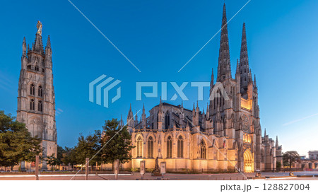 Cathedrale Saint-Andre de Bordeaux day to night timelapse hyperlapse with twin spires. France 128827004