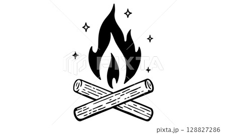 Fire, flame, bonfire. Flame fire icon, abstract style on white background. Flat burn fire symbol, bonfire sign, flame campfire emoji. Camping fireball minimal graphic style. Vector Illustration 128827286