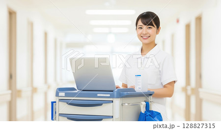 医療用カートを押すアジア人看護師 医療用カートを押すアジア人看護師 128827315