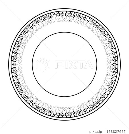 Decorative plate icon over white background, black and white design. Circular pattern. Vintage pattern with arabesques 128827635