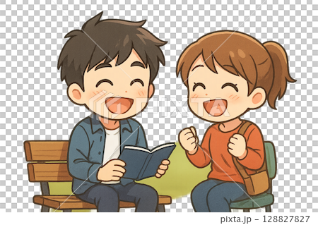 Illustration of mini character college students laughing on campus (transparent background) 128827827