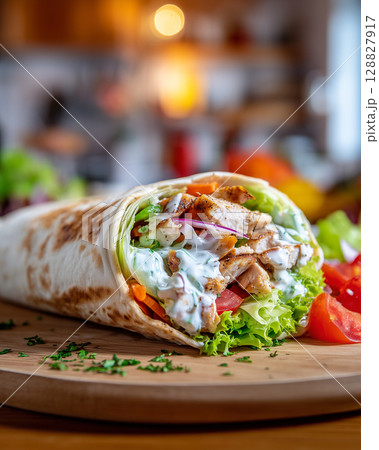 Macro Side View of Shawarma Wrap with Chicken, Buckwheat, Vegetables, and Creamy Sauce Macro Side View of Shawarma Wrap with Chicken, Buckwheat, Vegetables, and Creamy Sauce 128827917
