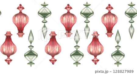 Christmas retro green and red glass decoration seamless border. Watercolor New year festive banner with vintage balls, hand drawn winter clipart for packing,poster, web design Christmas retro green and red glass decoration seamless border. Watercolor New year festive banner with vintage balls, hand drawn winter clipart for packing,poster, web design 128827989
