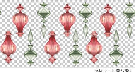 Christmas retro green and red glass decoration seamless border. Watercolor New year festive banner with vintage balls, hand drawn winter clipart for packing,poster, web design Christmas retro green and red glass decoration seamless border. Watercolor New year festive banner with vintage balls, hand drawn winter clipart for packing,poster, web design 128827989