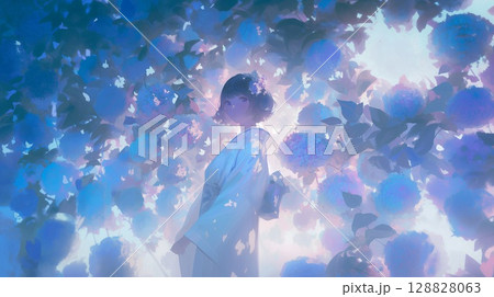 紫陽花の中で立つ着物の女性 128828063