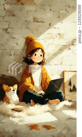 Cozy scene of girl in warm sweater and hat sitting with laptop and dog in sunlit room 128828080