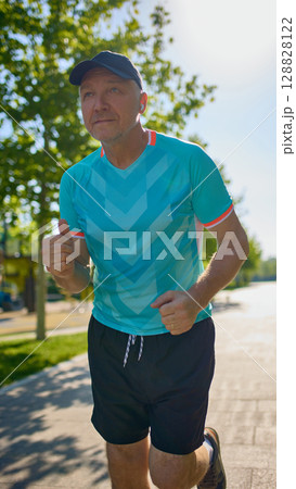 Close-up of older man jogging in blue sportswear with focused expression 128828122