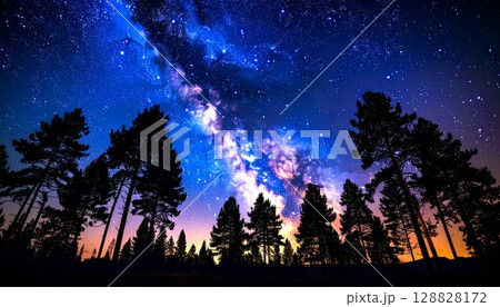森に浮かび上がる幻想的で神秘的な満天の星空 森に浮かび上がる幻想的で神秘的な満天の星空 128828172