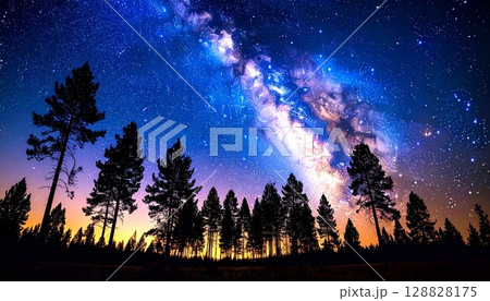 森に浮かび上がる幻想的で神秘的な満天の星空 森に浮かび上がる幻想的で神秘的な満天の星空 128828175