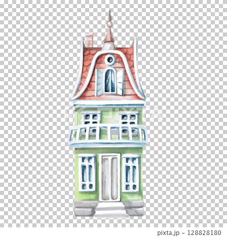 Two-storey green city house with balcony. Isolated watercolor illustration for apartment interior design, cozy restaurant, brochures of architectural bureau, real estate, hotel business. 128828180