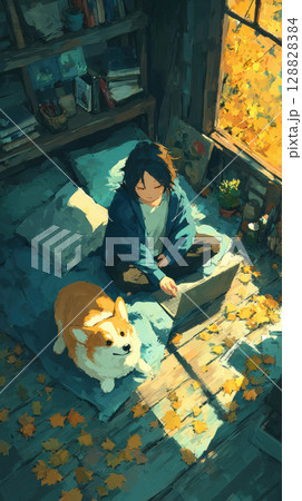 Cozy autumn scene with person using laptop beside corgi on bed, surrounded by fallen leaves and warm sunlight 128828384