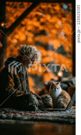 Young adult seated on floor with laptop on lap, cat resting beside, fall leaves outside blurred window 128828385