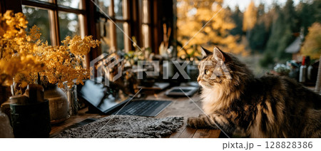 Fluffy cat gazes out window in cozy, sunlit room filled with autumn decor and tablet on wooden desk 128828386