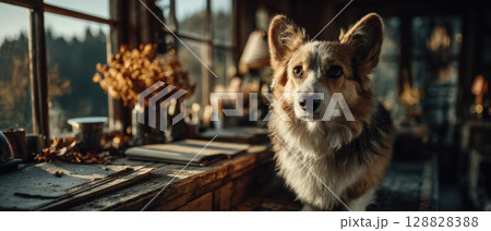 Corgi stands on rustic wooden table in cozy room with large windows, surrounded by autumn decor and warm lighting 128828388